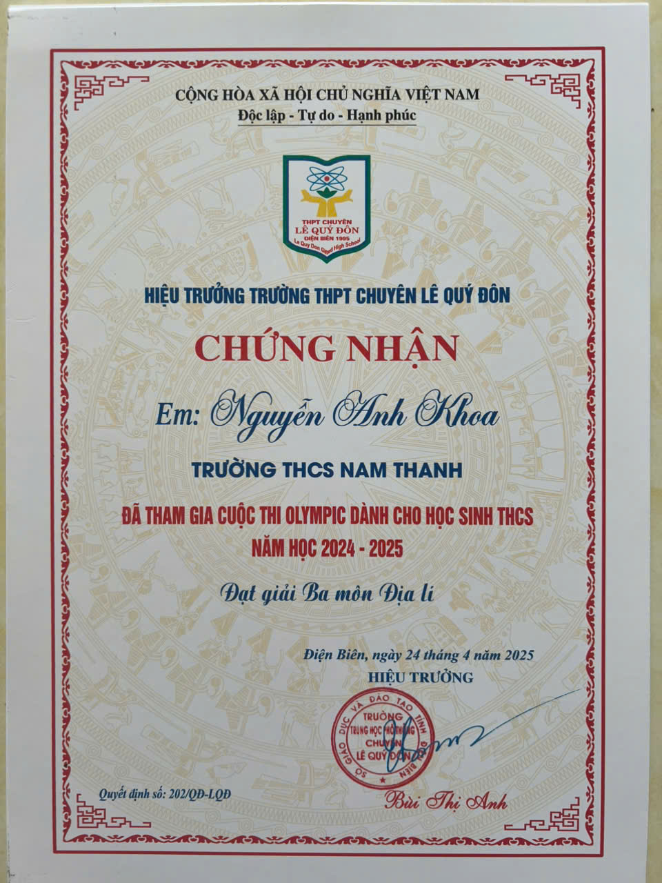 Giấy chứng nhận kỳ thi Olympic Trường THPT Lê Quý Đôn