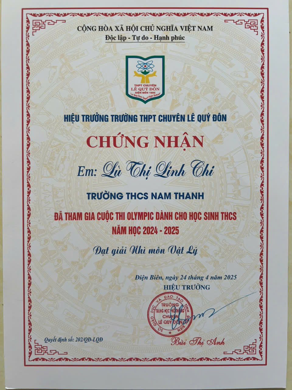 Giấy chứng nhận kỳ thi Olympic Trường THPT Lê Quý Đôn