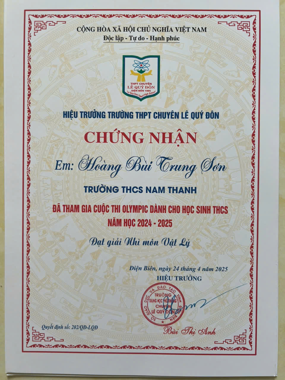 Giấy chứng nhận kỳ thi Olympic Trường THPT Lê Quý Đôn