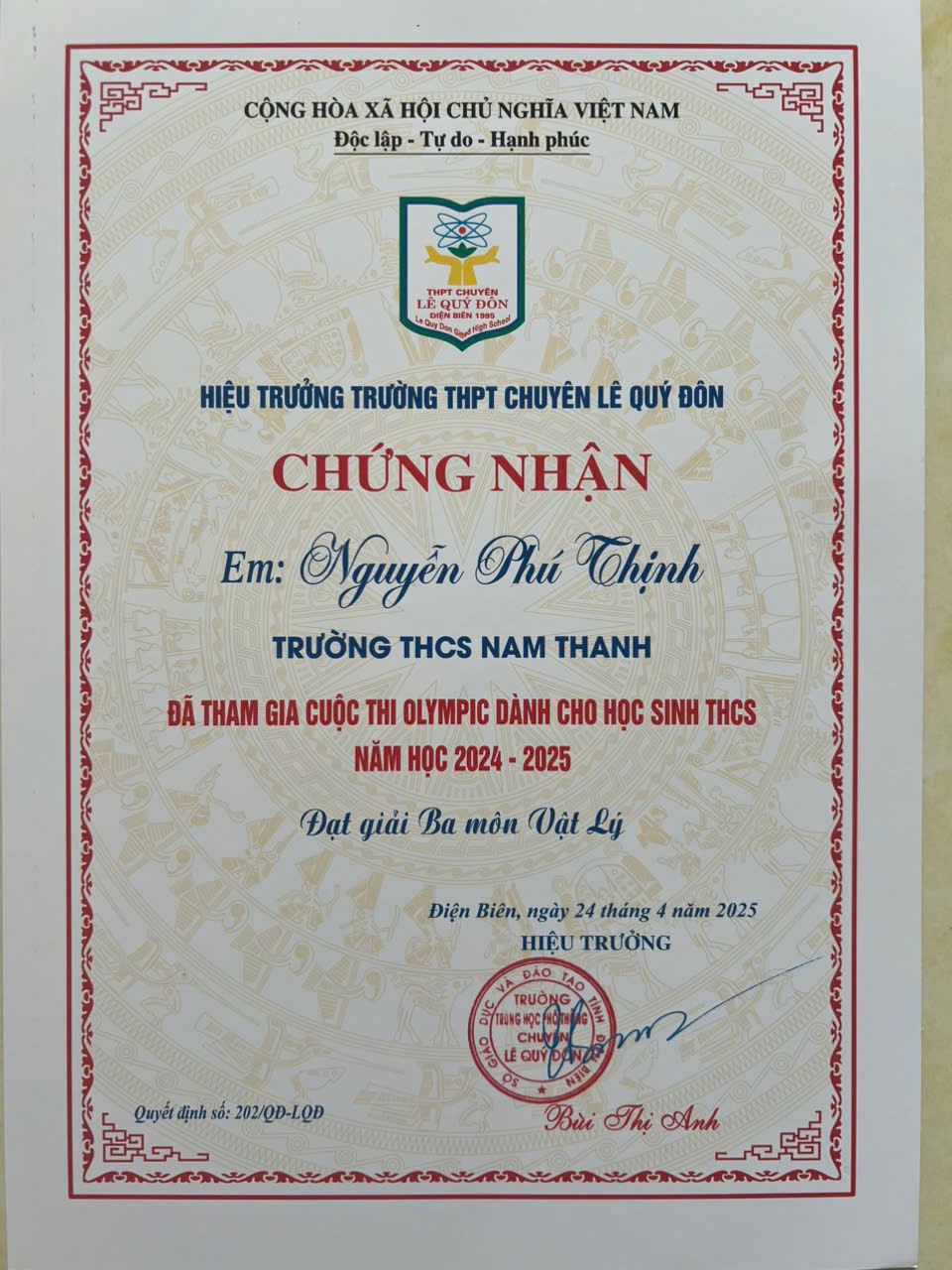 Giấy chứng nhận kỳ thi Olympic Trường THPT Lê Quý Đôn