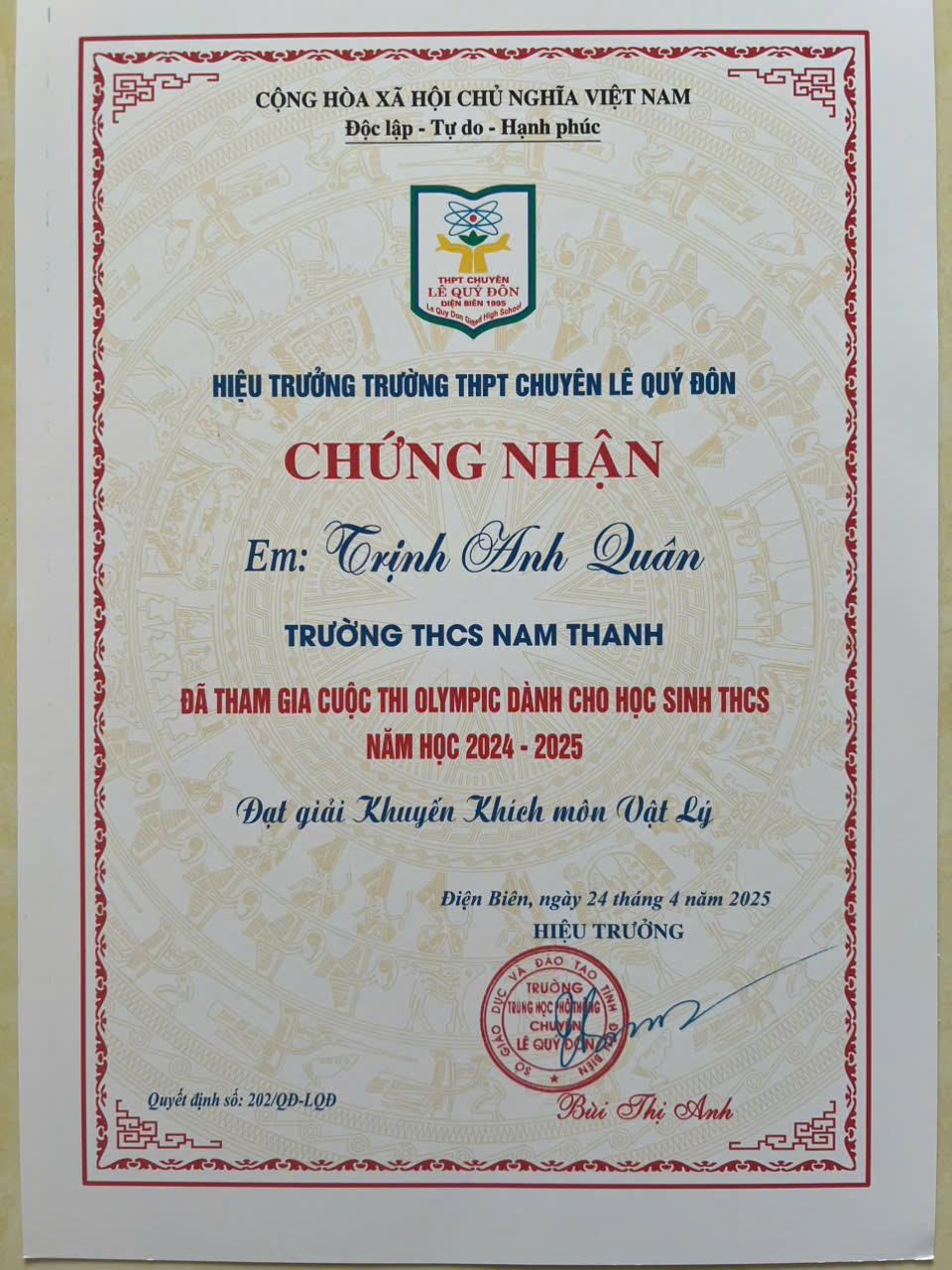 Giấy chứng nhận kỳ thi Olympic Trường THPT Lê Quý Đôn