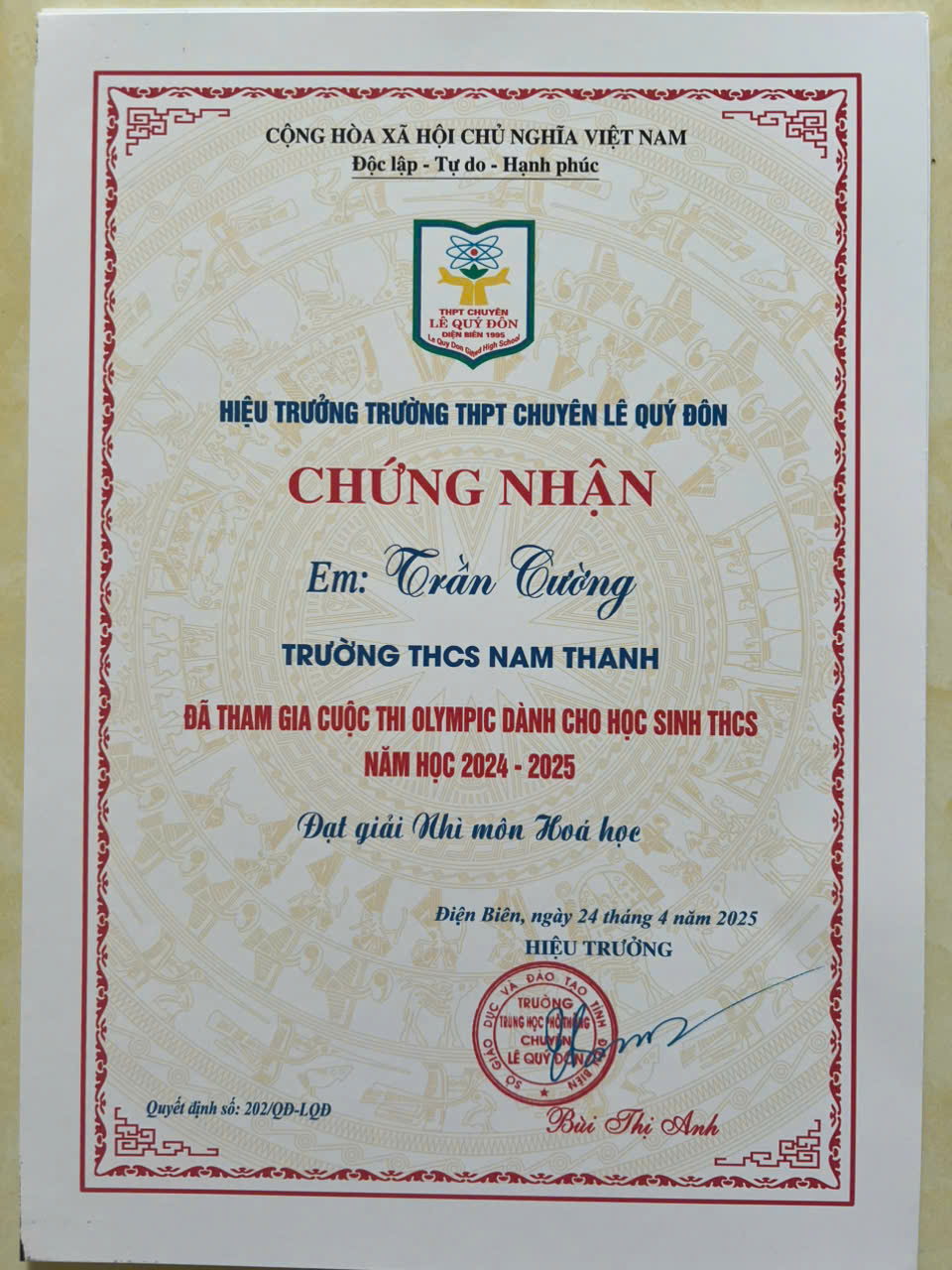 Giấy chứng nhận kỳ thi Olympic Trường THPT Lê Quý Đôn