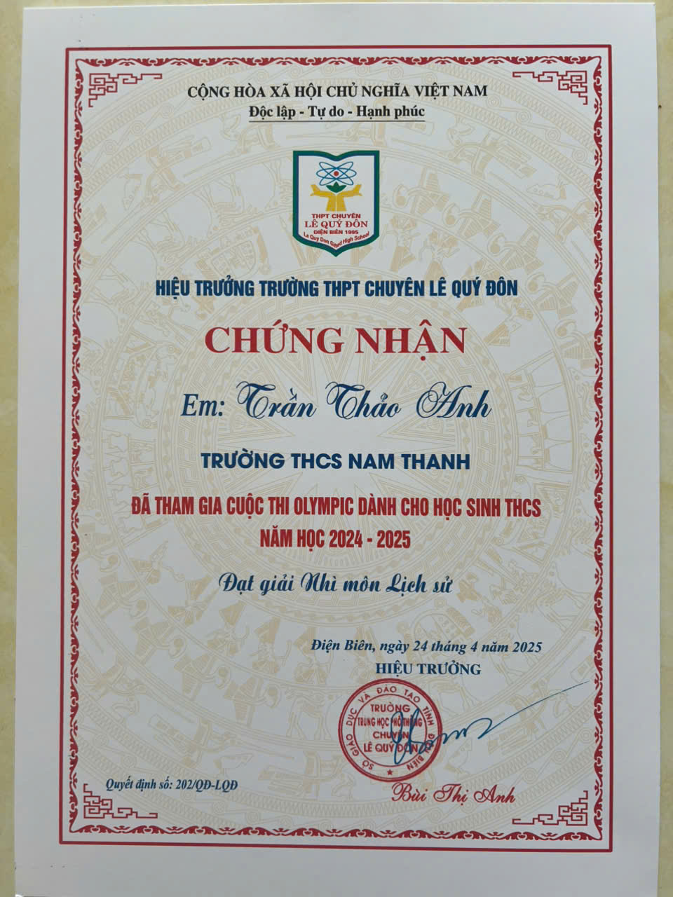 Giấy chứng nhận kỳ thi Olympic Trường THPT Lê Quý Đôn