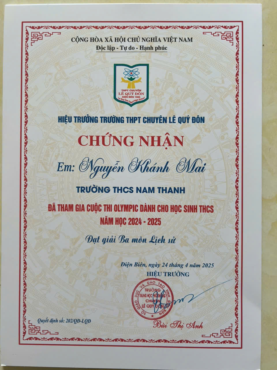 Giấy chứng nhận kỳ thi Olympic Trường THPT Lê Quý Đôn
