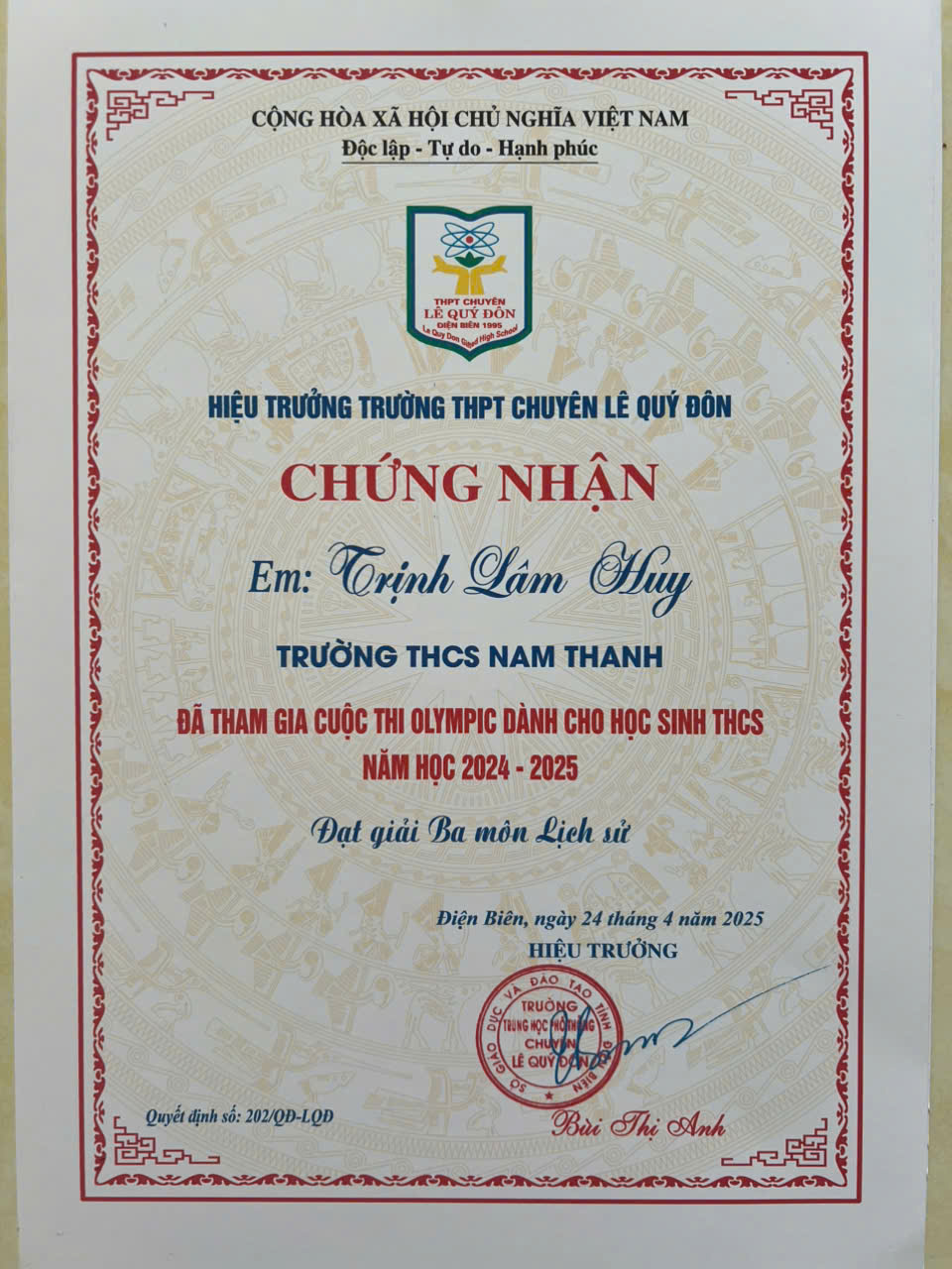 Giấy chứng nhận kỳ thi Olympic Trường THPT Lê Quý Đôn