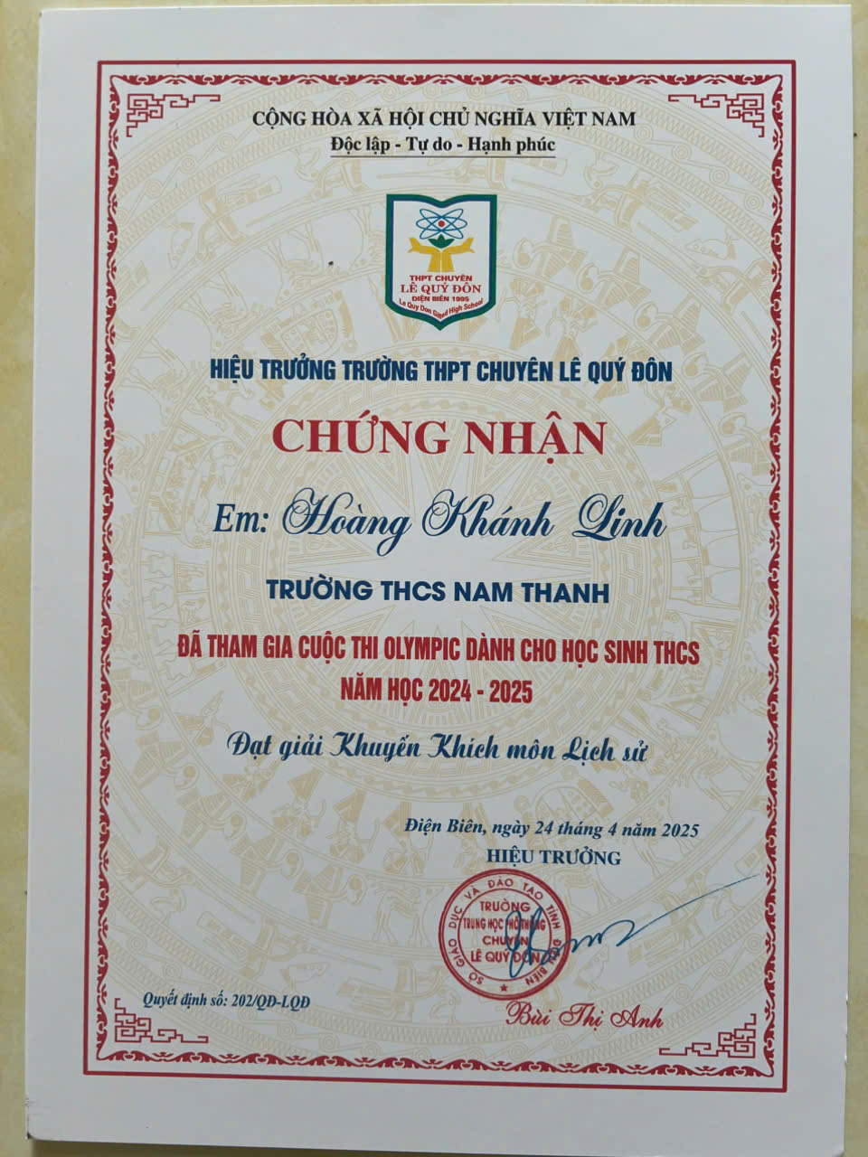 Giấy chứng nhận kỳ thi Olympic Trường THPT Lê Quý Đôn