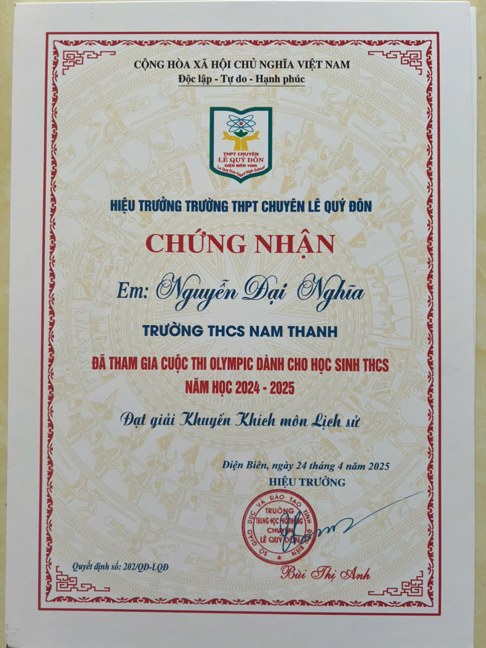 Giấy chứng nhận kỳ thi Olympic Trường THPT Lê Quý Đôn