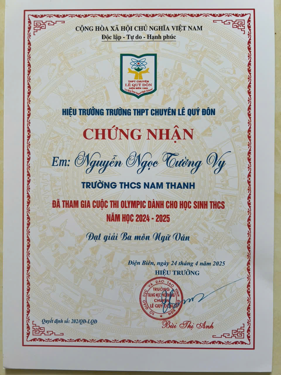 Giấy chứng nhận kỳ thi Olympic Trường THPT Lê Quý Đôn