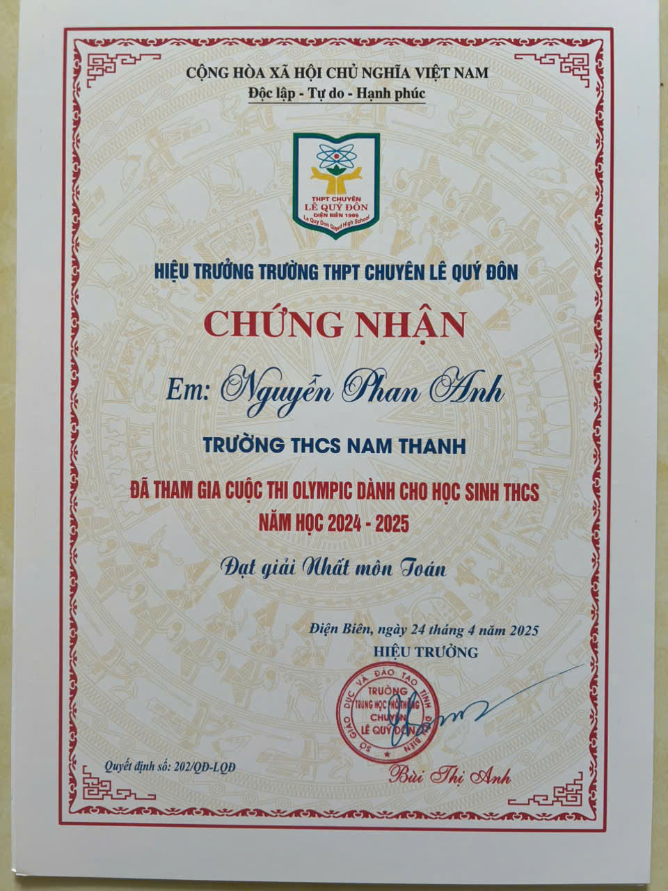 Giấy chứng nhận kỳ thi Olympic Trường THPT Lê Quý Đôn